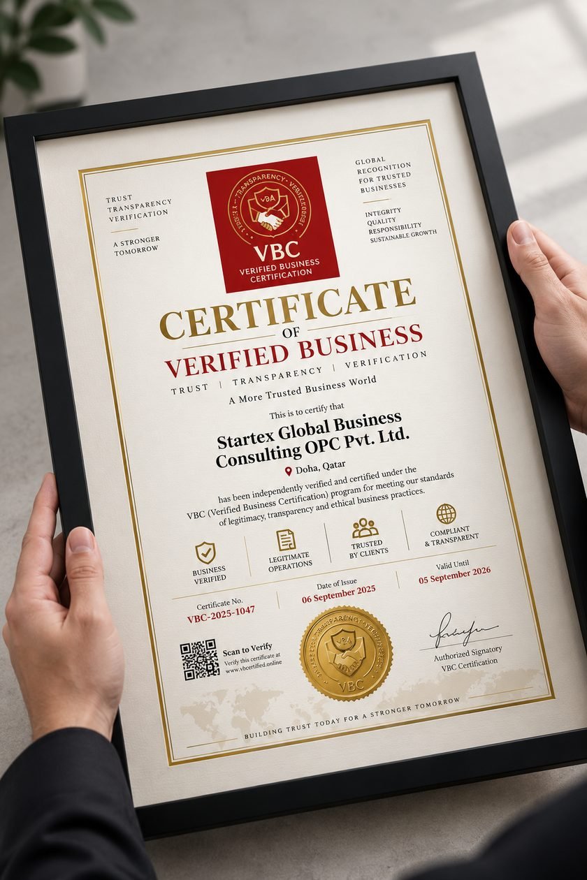 A framed VBC Certificate of Verified Business being held in both hands